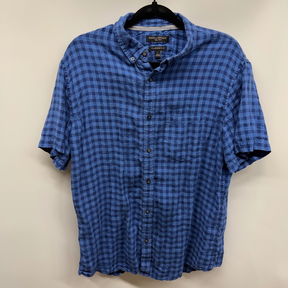 Banana Republic Camden Fit Blue Check Short Sleeve Linen Button Down Shirt Men L